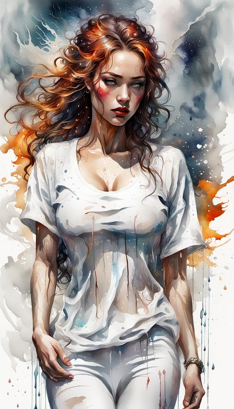 Mesmerizing Pinup in Rain, Digital Watercolor Illustration