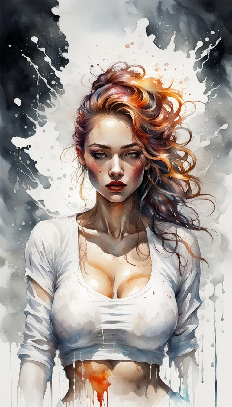 Beautiful Pinup in Rain, Ethereal Watercolor Art