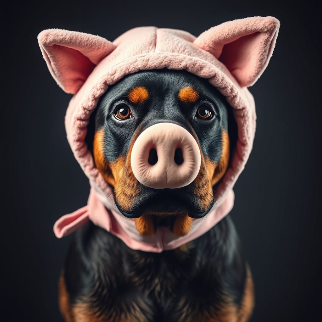 Photogenic Rottweiler in Pig Nose Costume for Halloween
