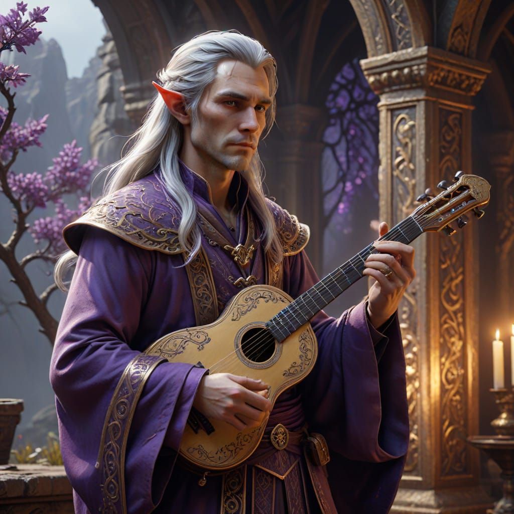Ethereal Silver-Haired Bard in Regal Purple Robes