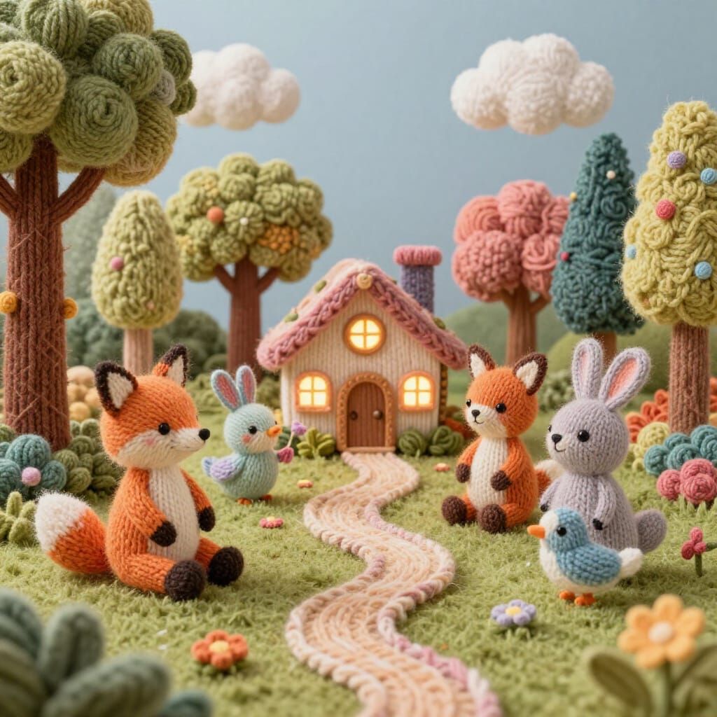 Whimsical Yarn Forest with Knitted Animals at Night