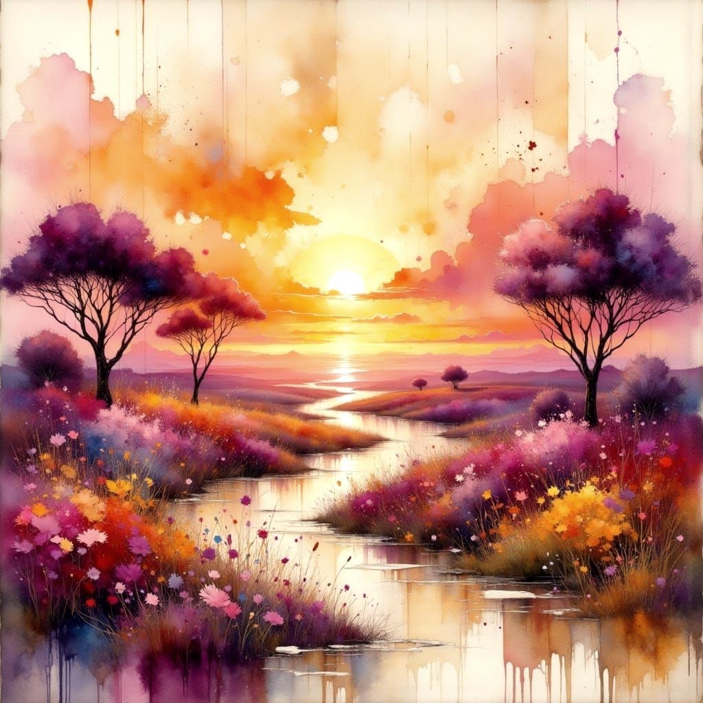 Landscape at Sunrise in Mixed Media Style