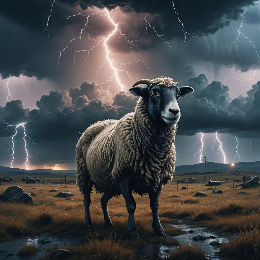 Frightened Sheep in Stormy Landscape with Lightning