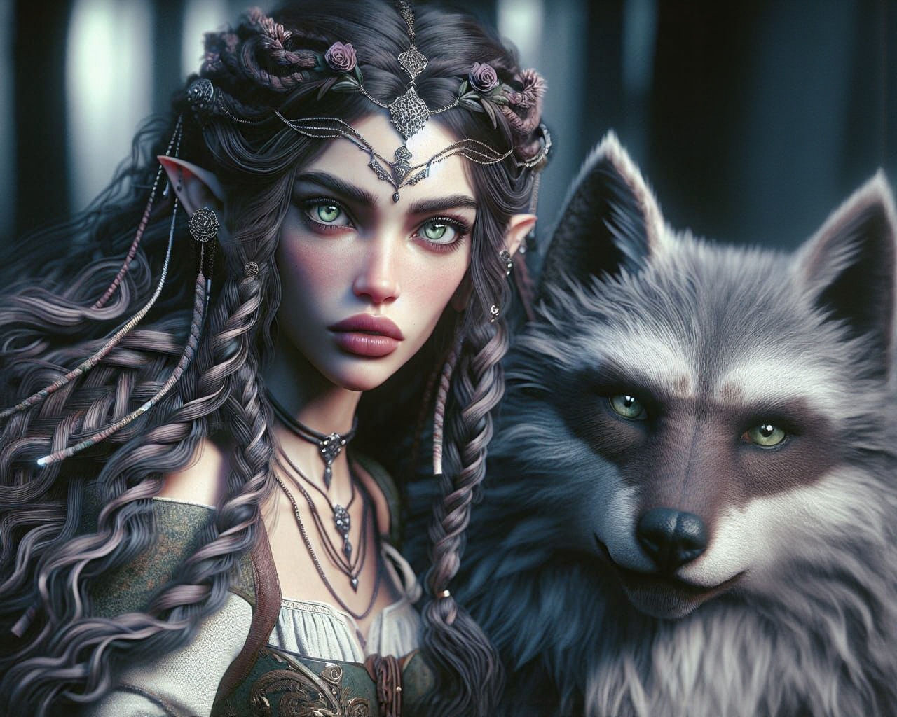 Jacaranda - elven ranger and her companion/pet Kjerin a wolverine/wolf hybrid