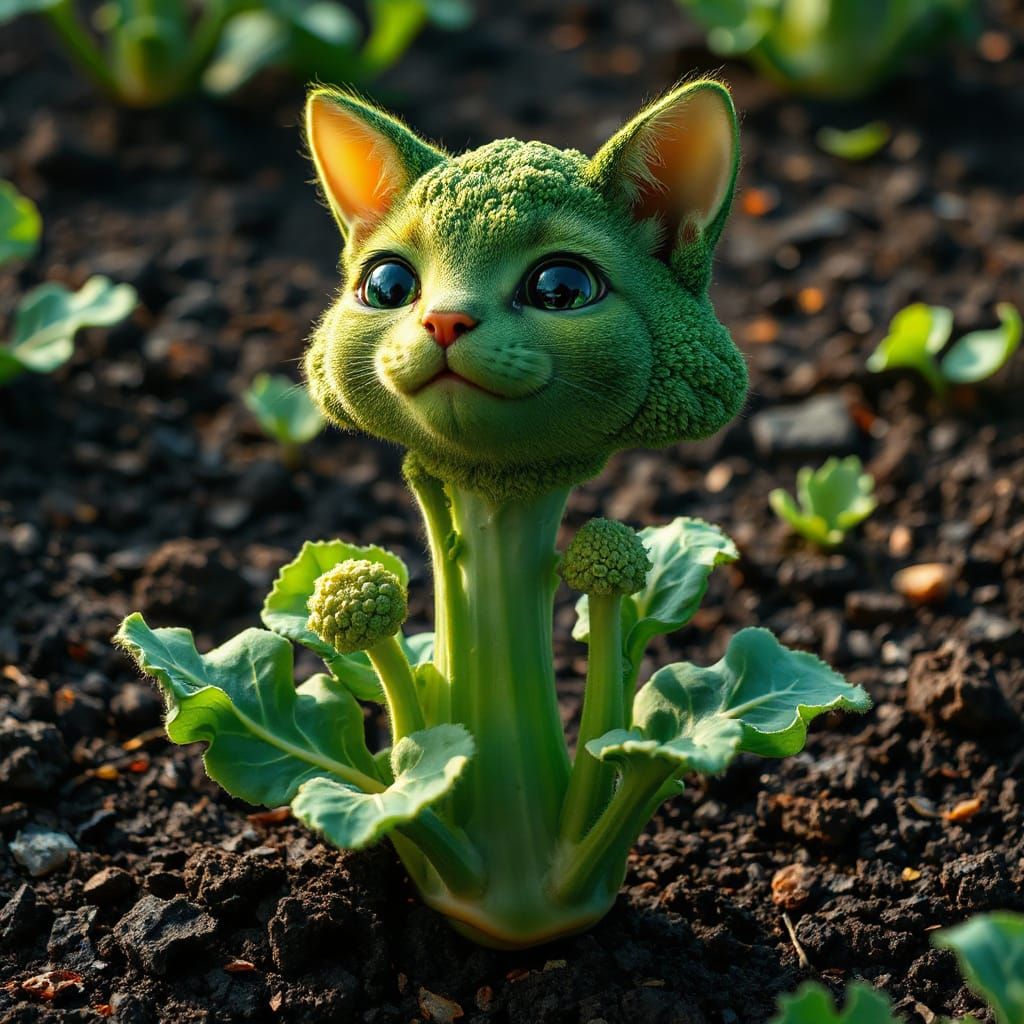 Whimsical Cat-Broccoli Hybrid in Fantasy Art Style