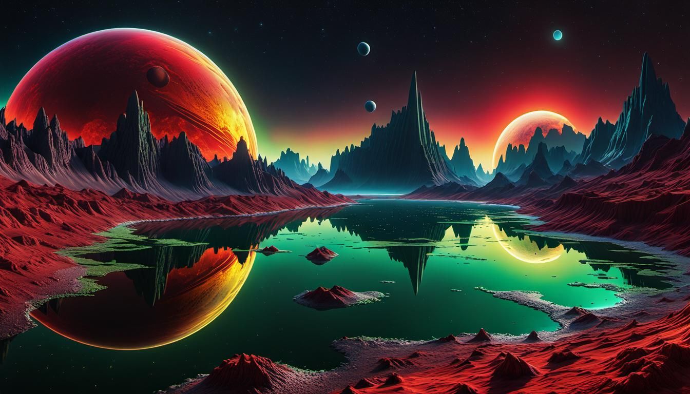 Fractured Planet Reflecting on Alien Lake, Digital Art