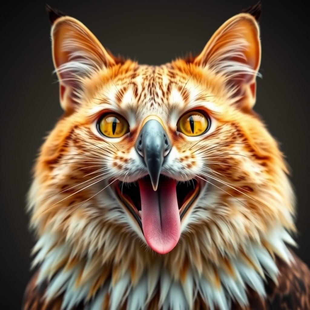 Hilarious funny half cat half eagle crossing it's eyes sticking out it's tongue