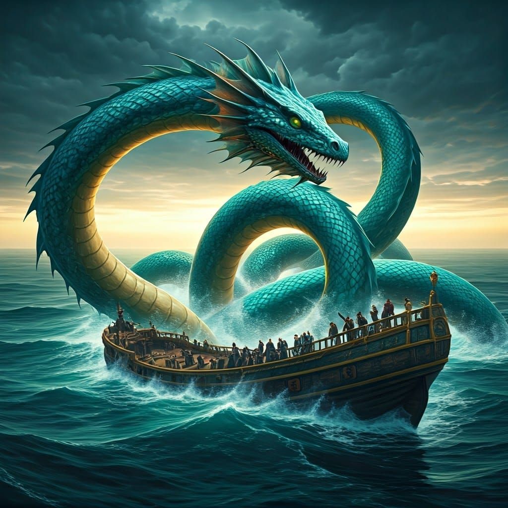 Sea Serpent Wraps Galleon in Stormy Seas