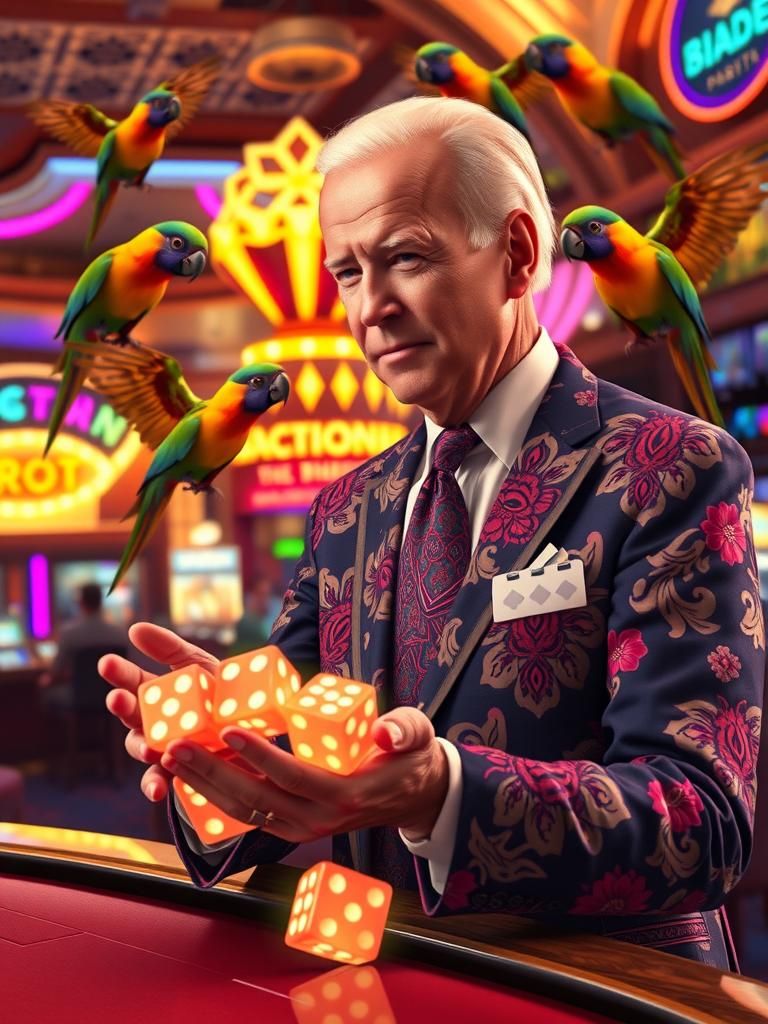 Joe Biden Tossing Dice in Neon Casino, Hyper-Realistic Art