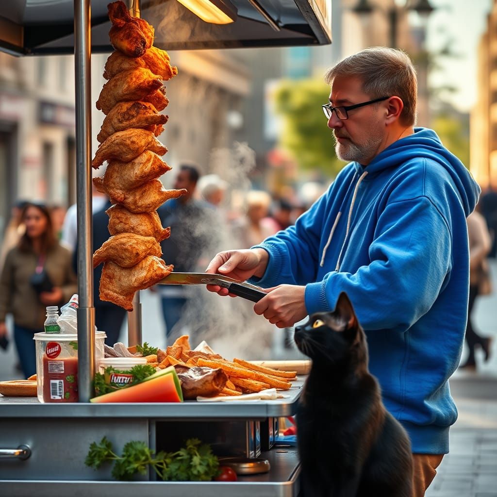 Street Vendor Slicing Juicy Chicken Döner, Vibrant Scene