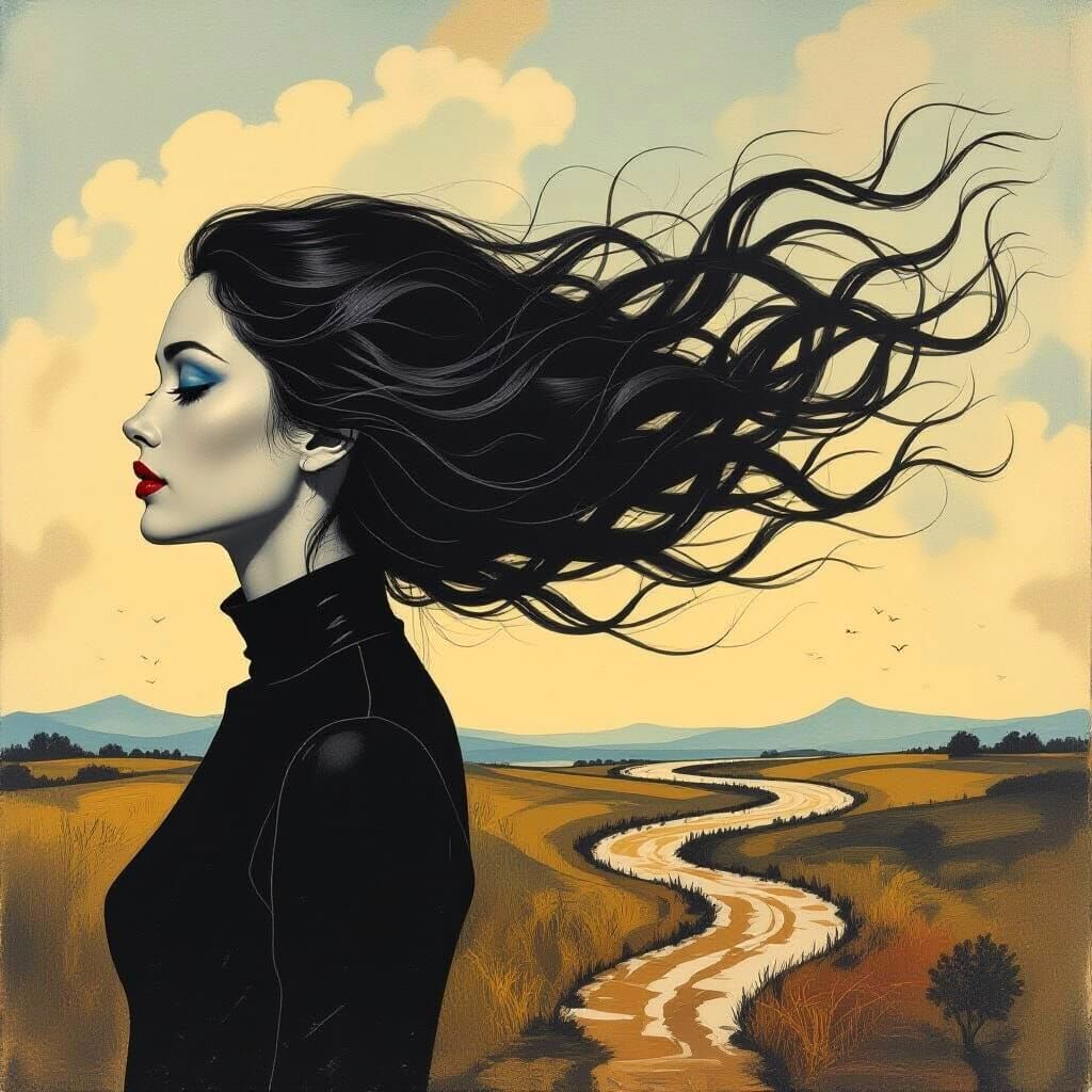 Hyperdetailed Charcoal Drawing of Hair in the Wind