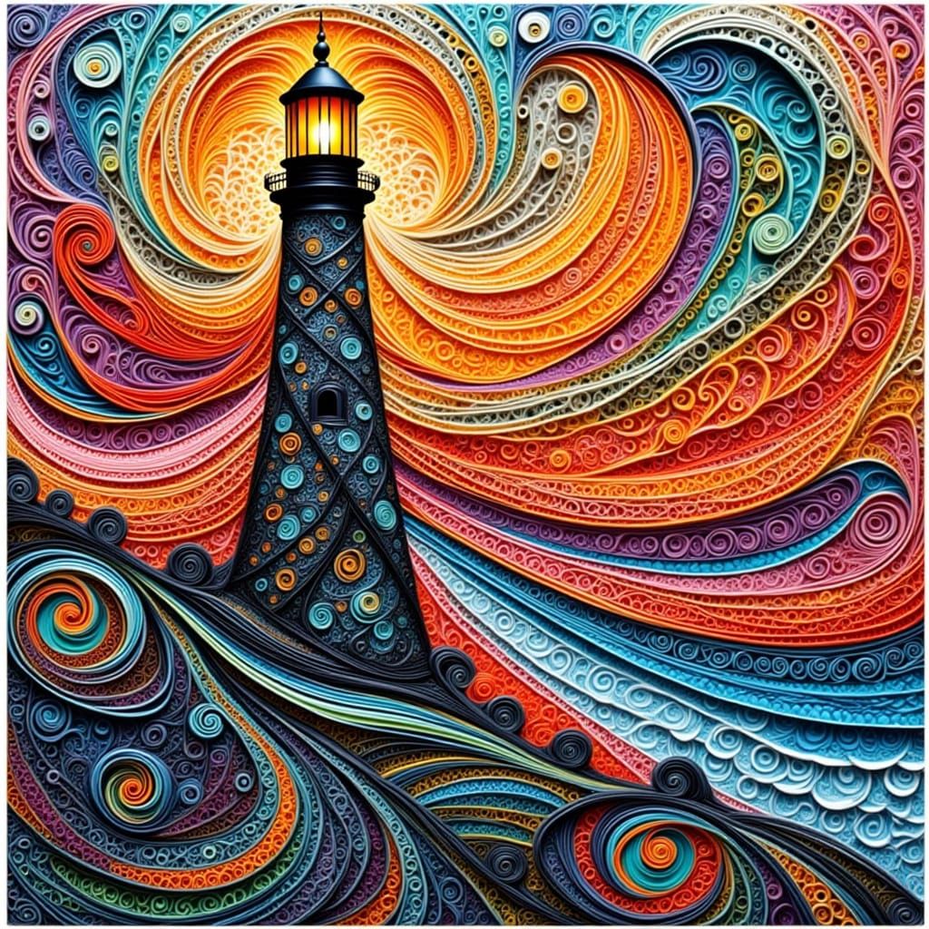 Intricate Zentangle Lighthouse at Sunset