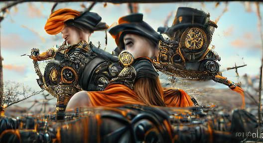 Steampunk Warriors in Black and Orange, Digital Illustration