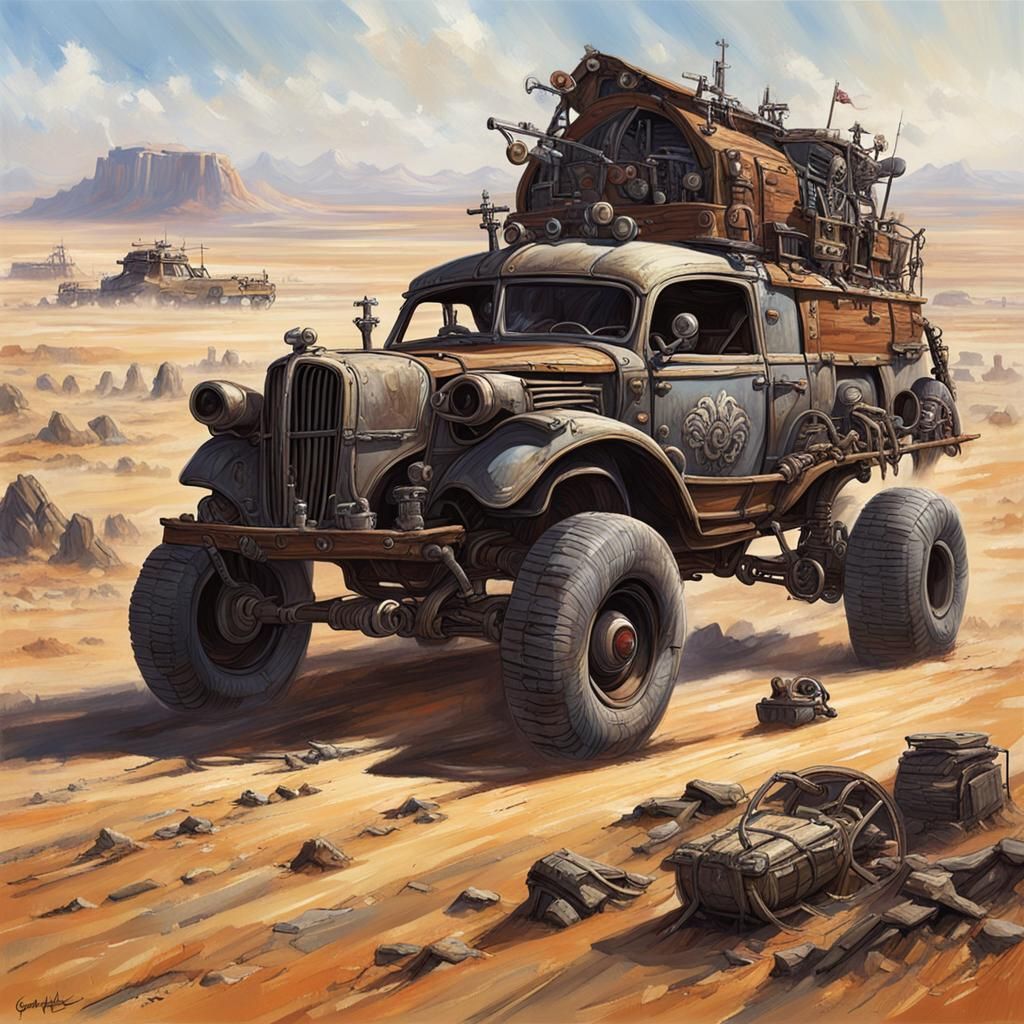 Sinister Mad Max War Wagon in Desolate Landscape