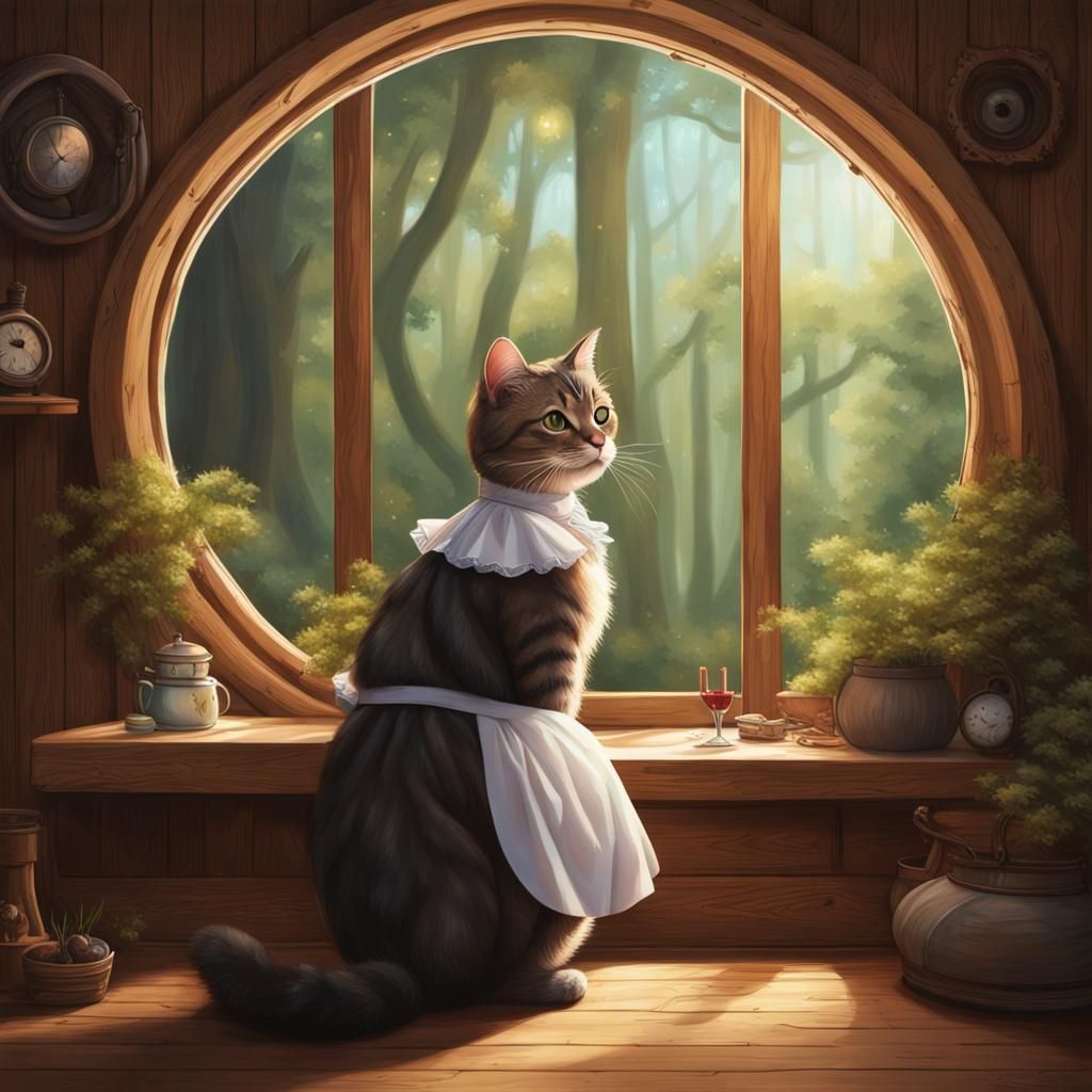 Hyperrealistic Cat Maid in Cozy Wooden Room