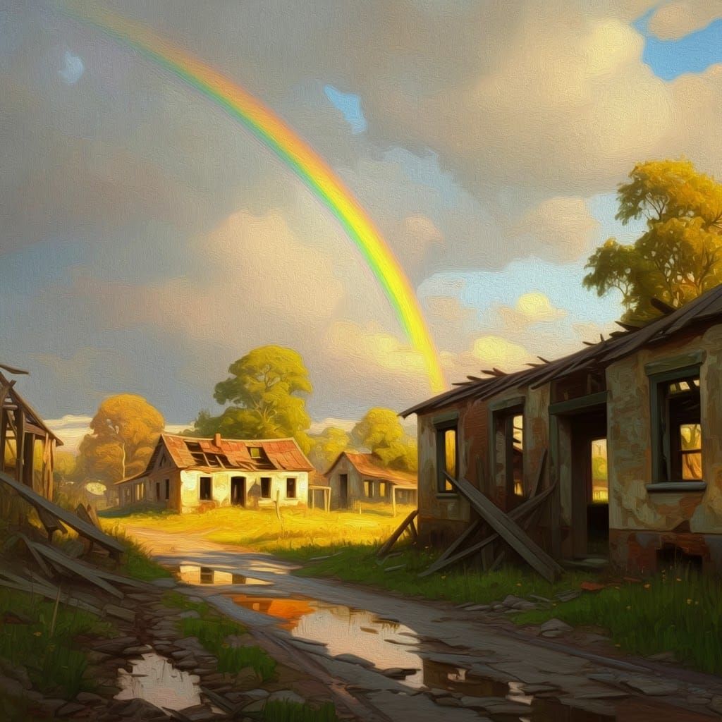Rainbow Over Dilapidated Town as Oil Painting