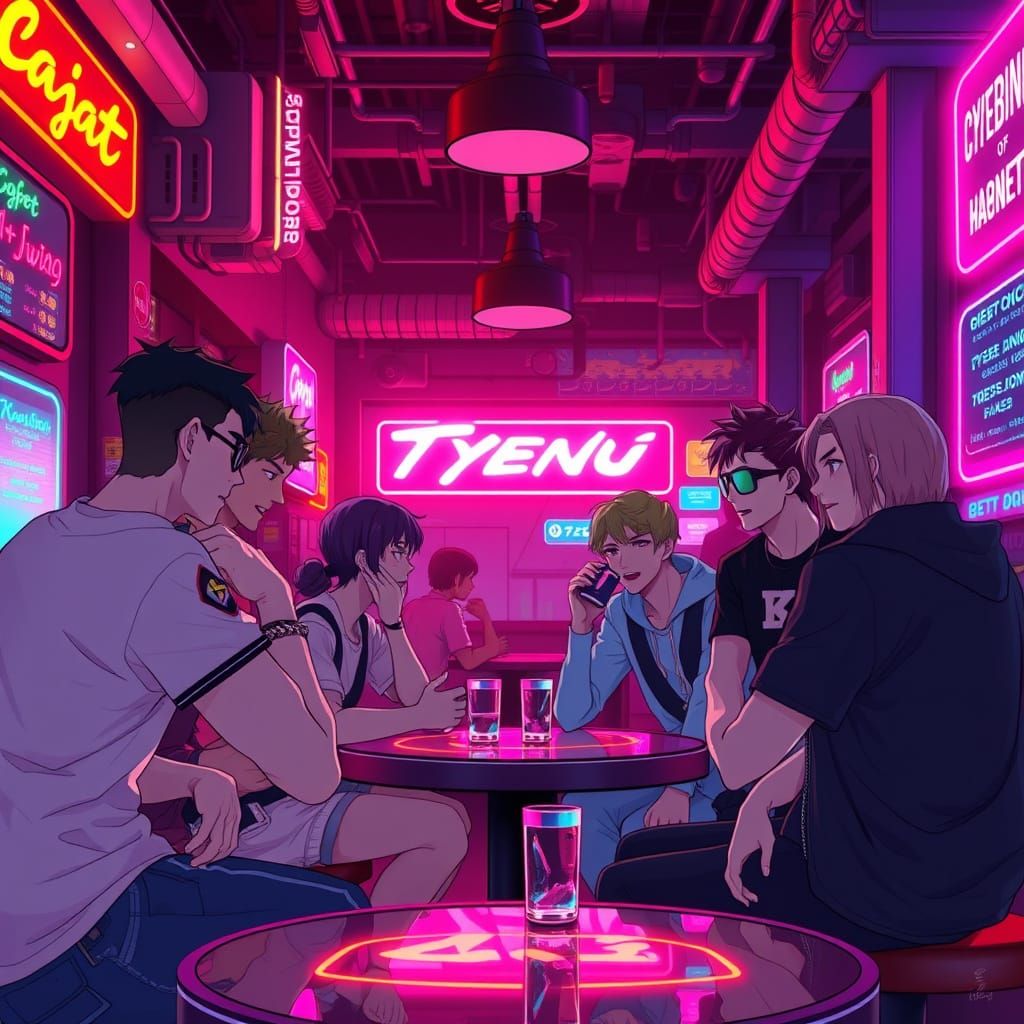 Cyberpunk Cafe with LGBTQ Anime Characters in Neon Lights