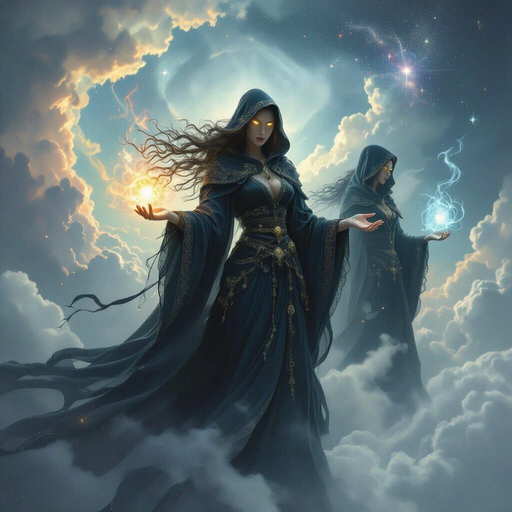 Sorceresses Conjuring Spells in a Dark Fantasy Landscape