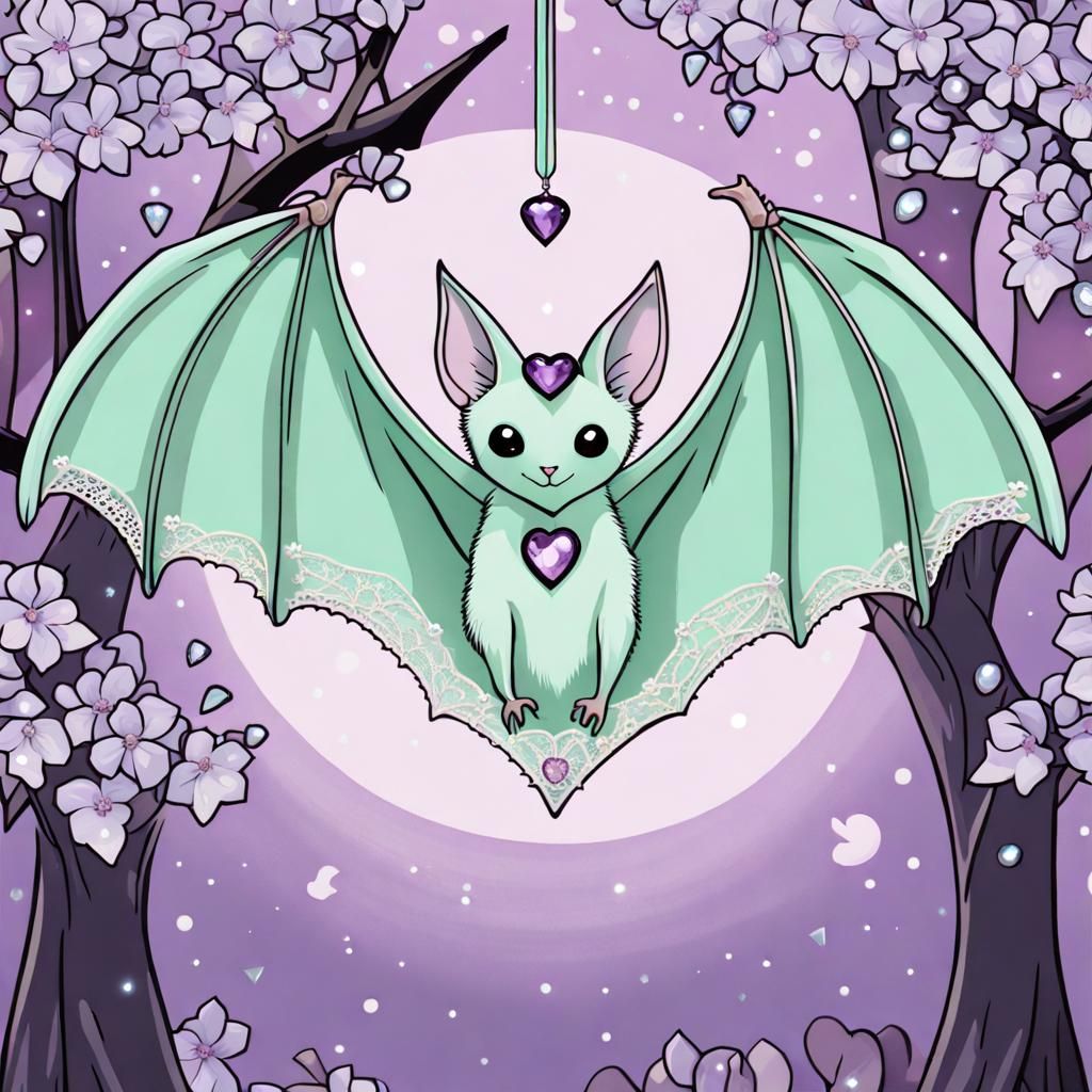Gem-Adorned Mint Bat Hanging in Lilac Tree
