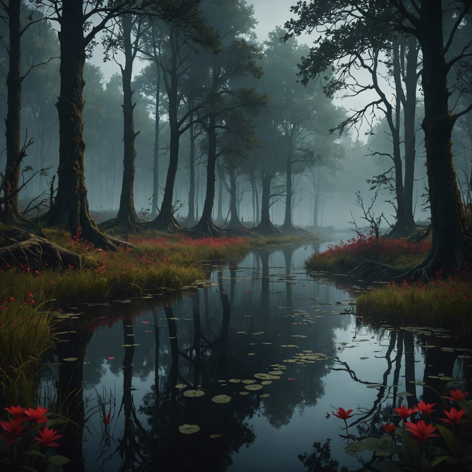 Dark Swamp with Red Flowers: A Matte Painting