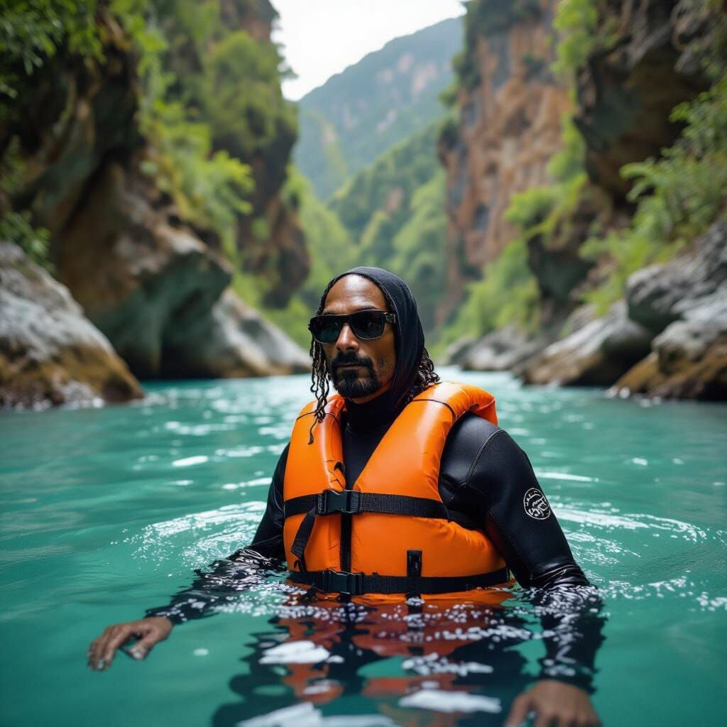 Man in Wetsuit Gorge Scrambling: Photorealistic Landscape