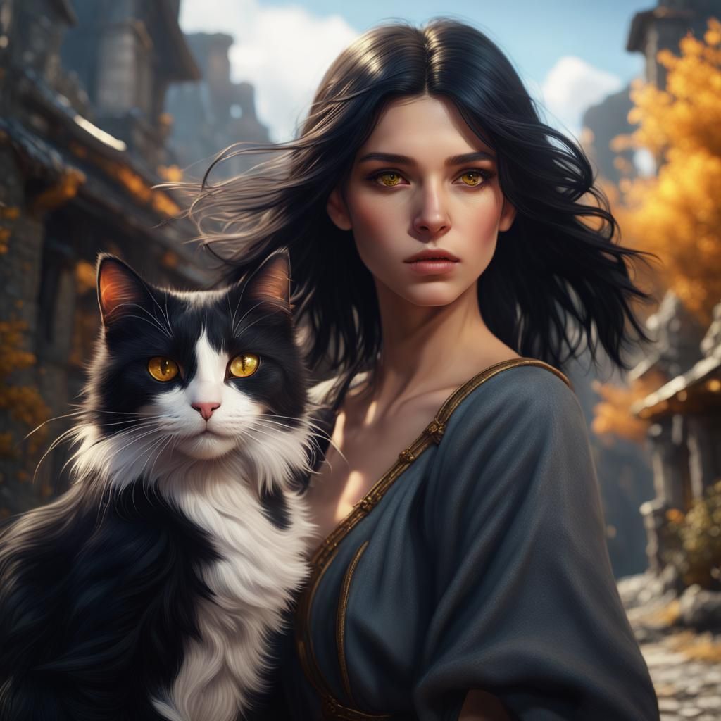 Beautiful Girl with Cat: Detailed Matte Painting