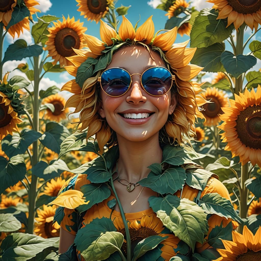 Smiling Sunflower with Sunglasses in Vibrant Garden
