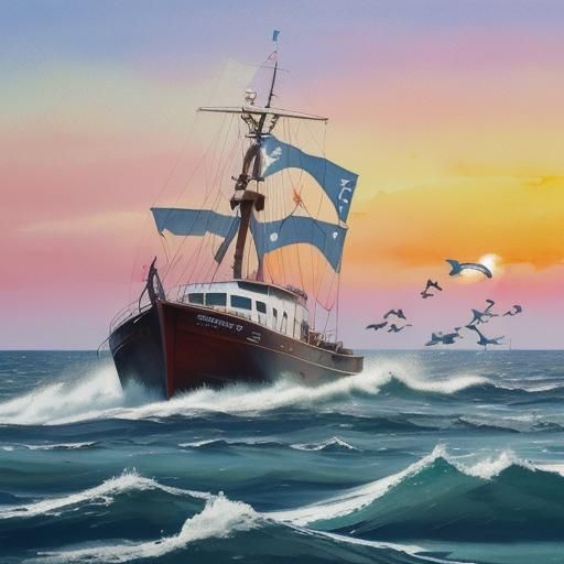 Shark Fishing at Sunrise in Gouache Watercolor Style