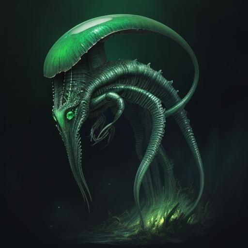 Emerald Horror in Misty Forest, Fantasy Creature Art