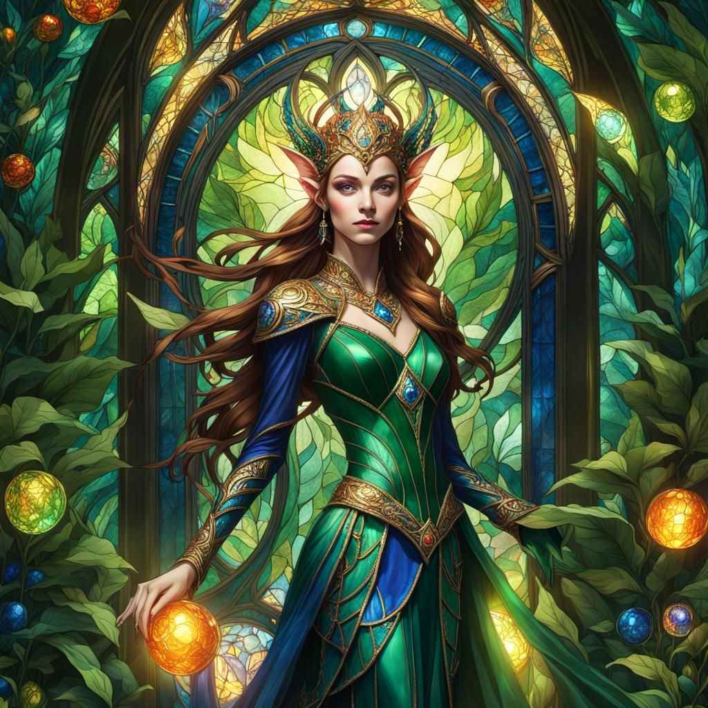 Stained Glass Elf Queen in Mystical Realm
