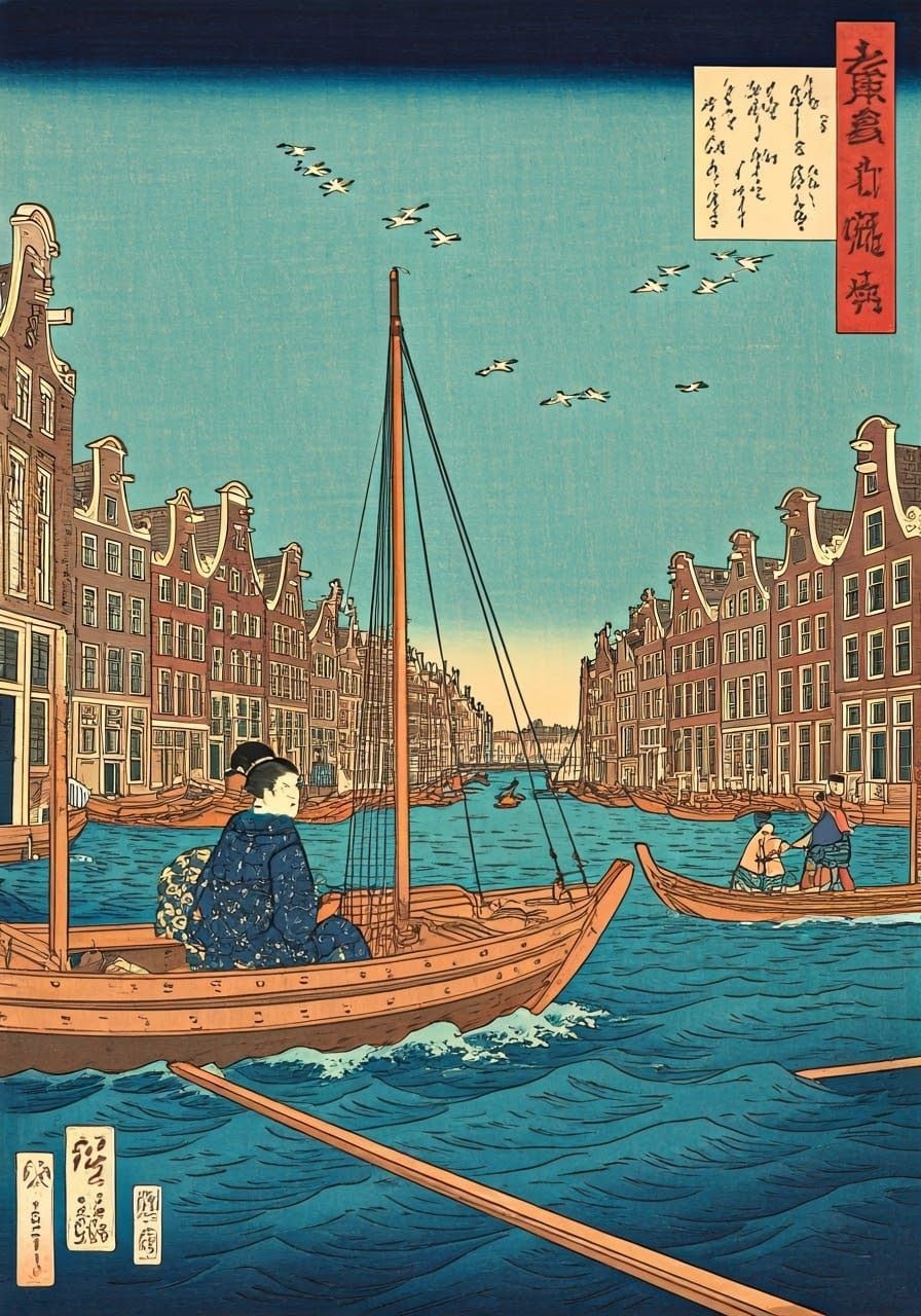 Amsterdam Canals in Ukiyo-e Style