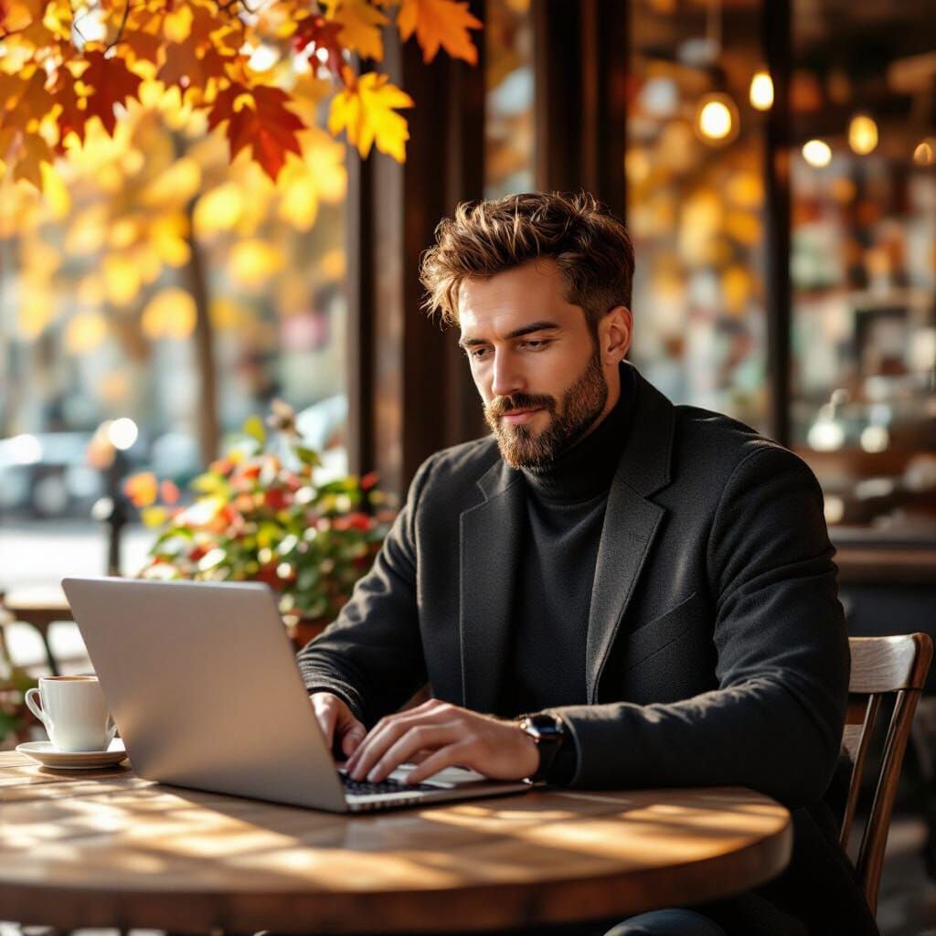Entrepreneur Working at Cafe in Autumn Sunlight