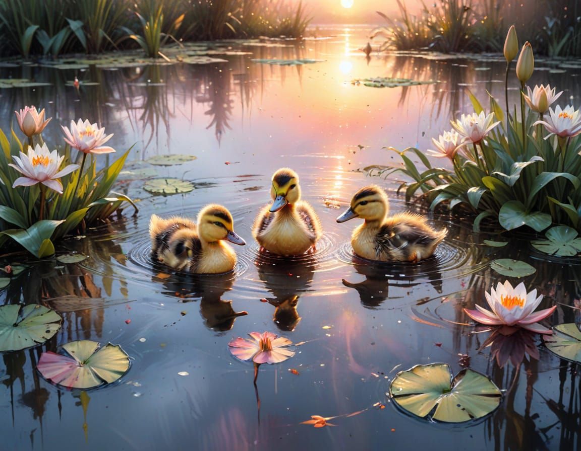 Ducklings Paddling on Lily Pond in Watercolour Style