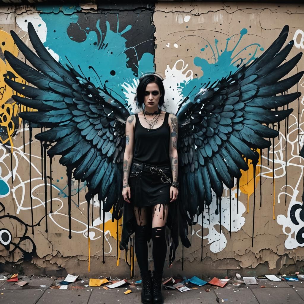 Goth Girl with Graffiti Angel Wings in Ink Splatter Art