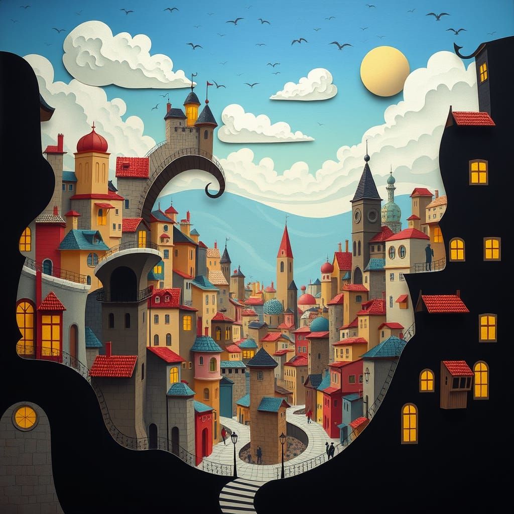 Dreamlike Cityscape in Whimsical Surrealist Style