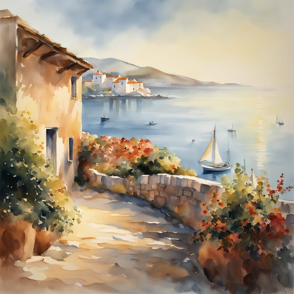 Classic Watercolour Village by the Mediterranean Sea