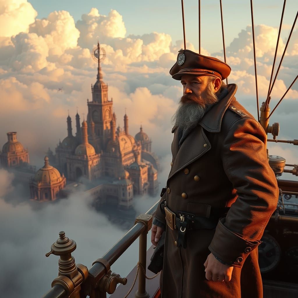 Steampunk Airship Captain Over Victorian City