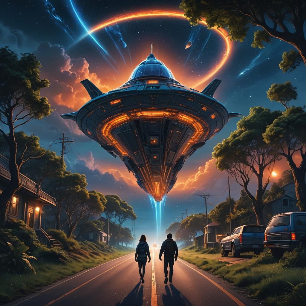 Alien Abduction on Country Road: Matte Painting