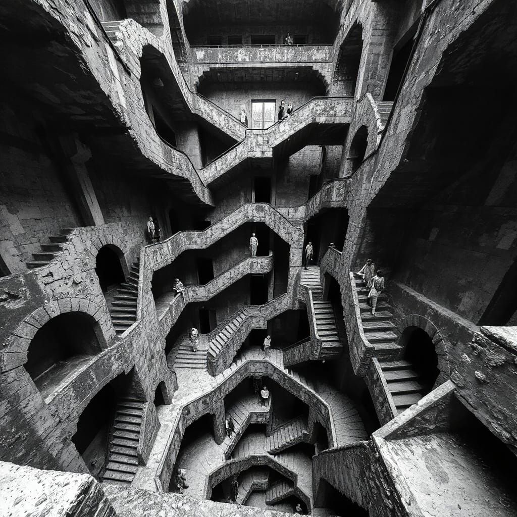 Impossible Brutalist Labyrinth Inspired by M.C. Escher
