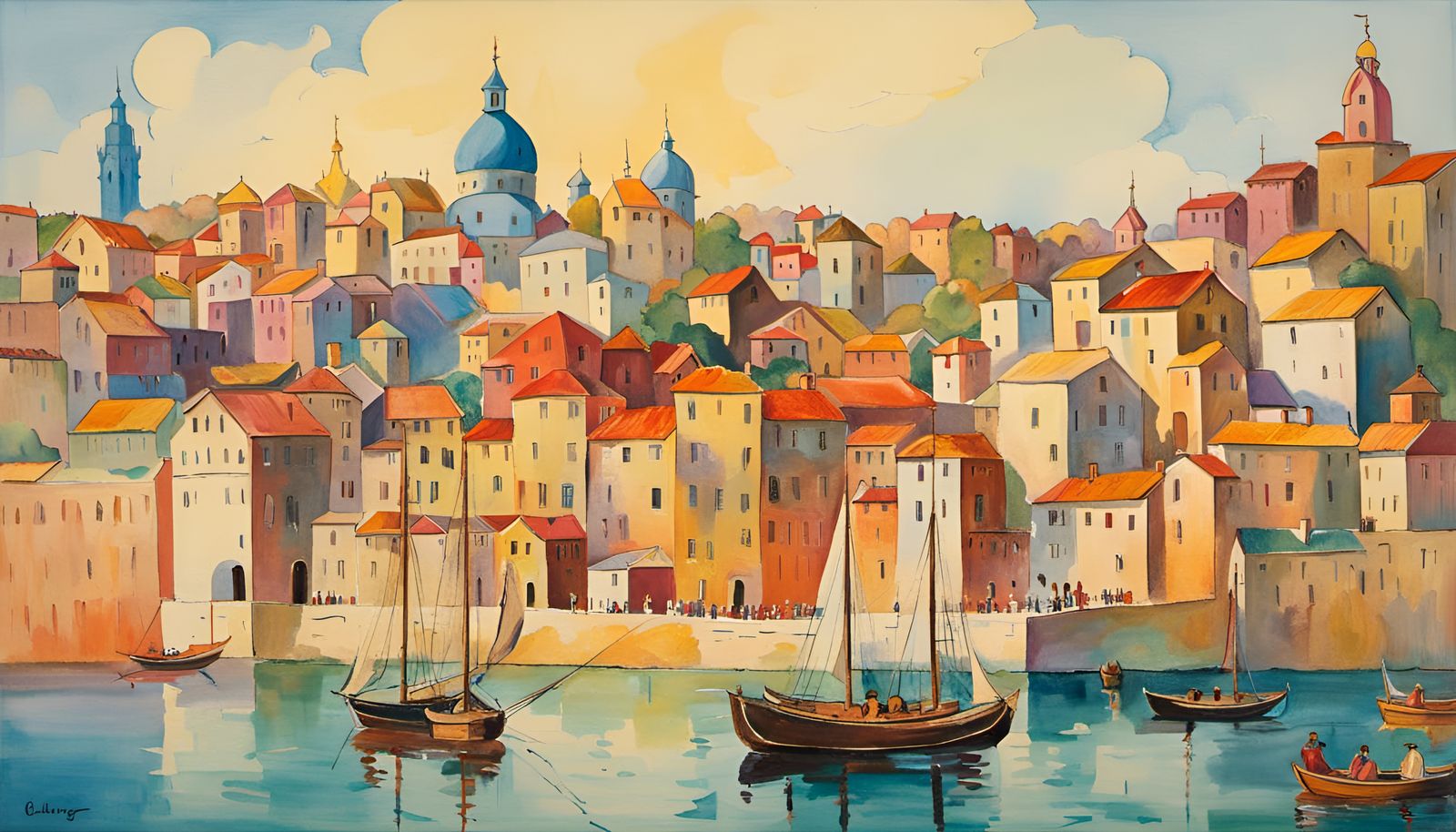 Watercolor Cityscape Panorama with Floating City