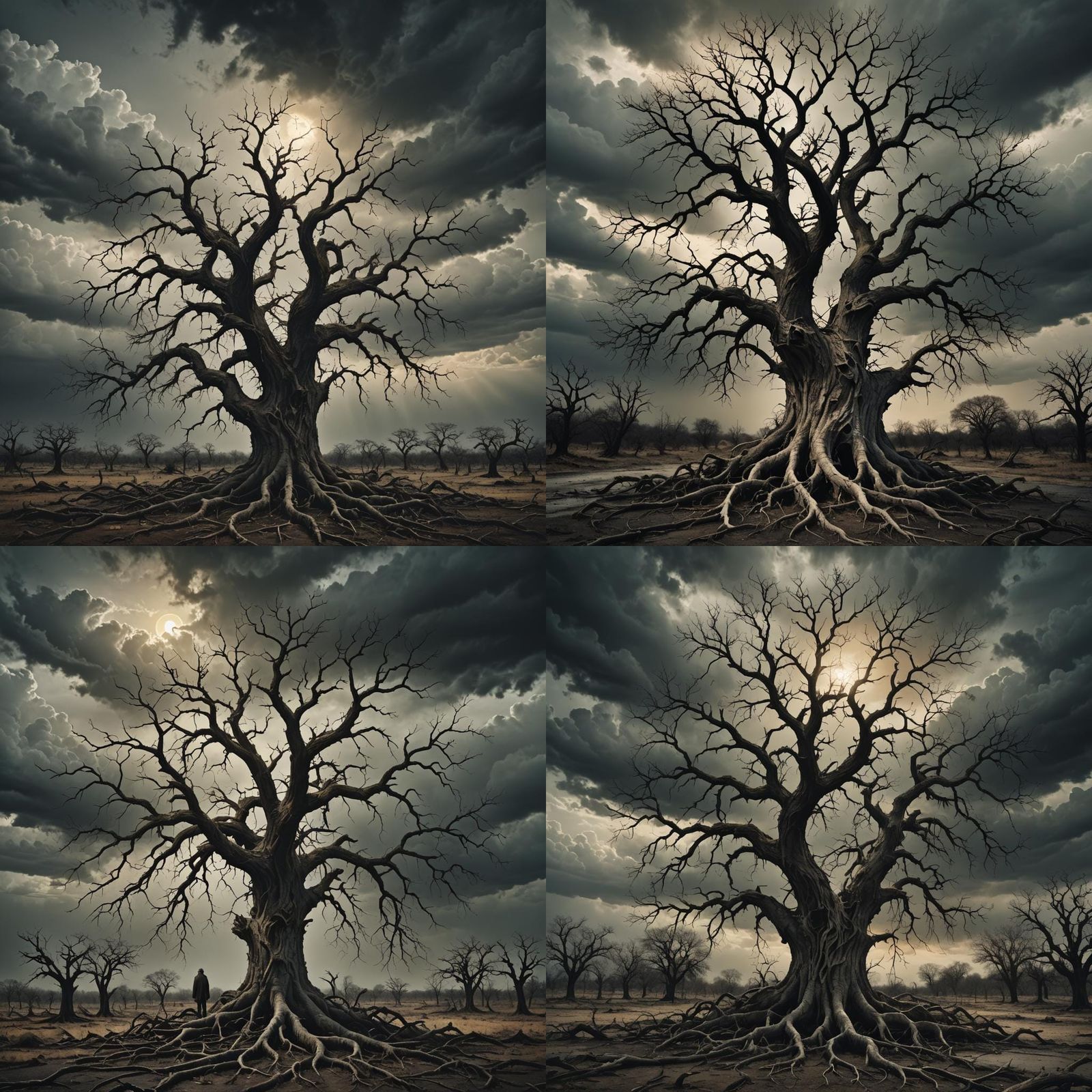 Sorrowful Barren Tree Under Dark Sky: Evocative Matte Painti...
