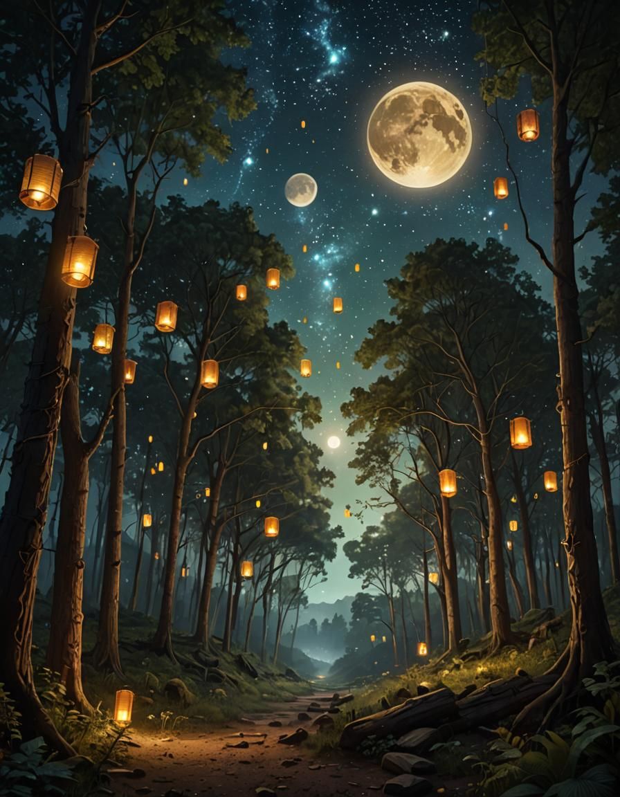 A Celestial Forest Vista under the Light of Twin Moons