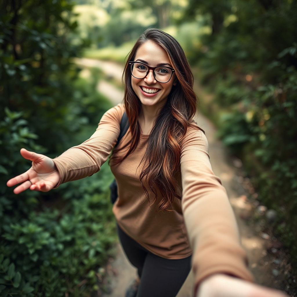 Woman with Glasses Taking Selfie on Hiking Trail