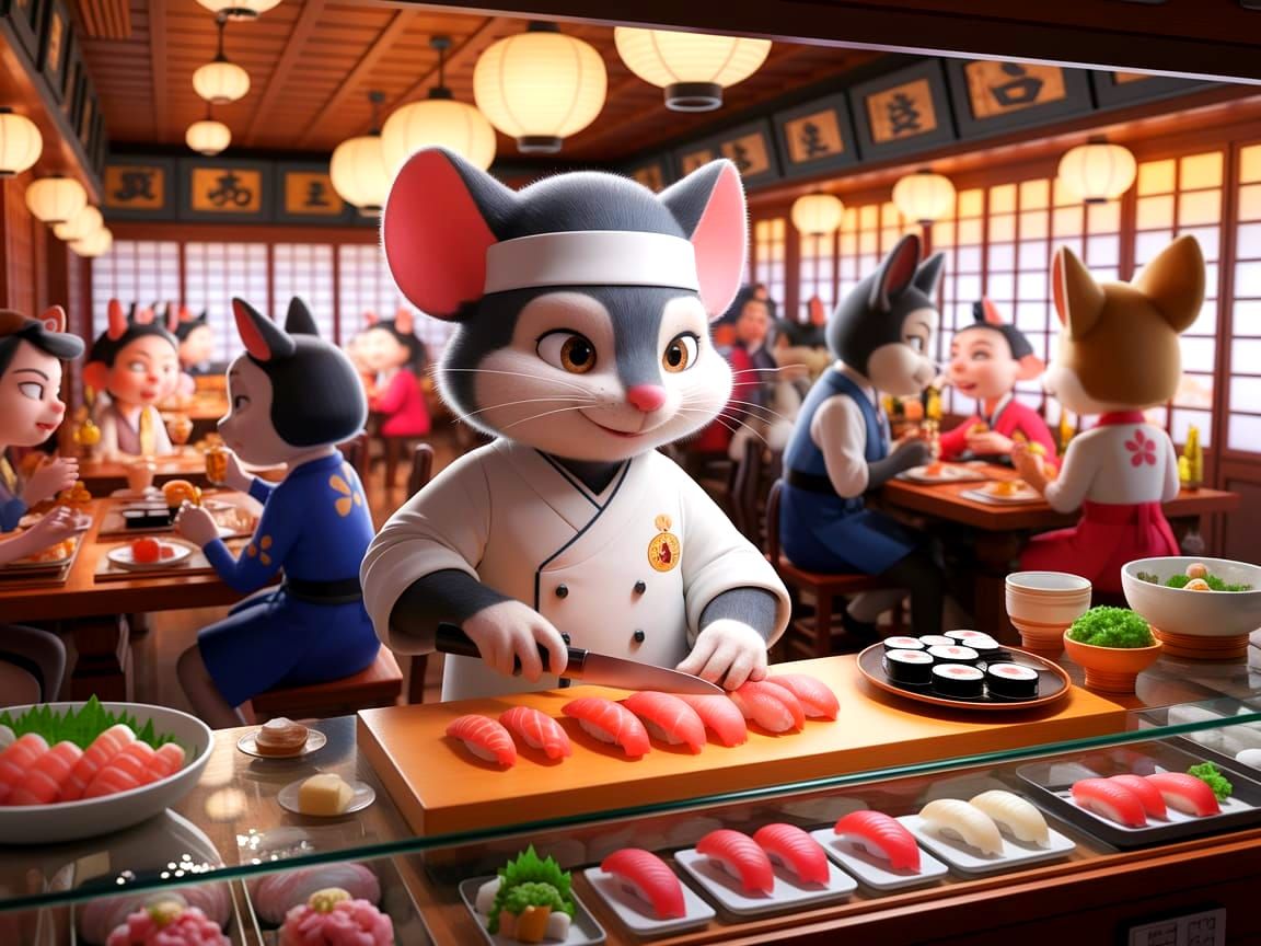 Mouse Sushi Chef in Traditional Japanese Bar