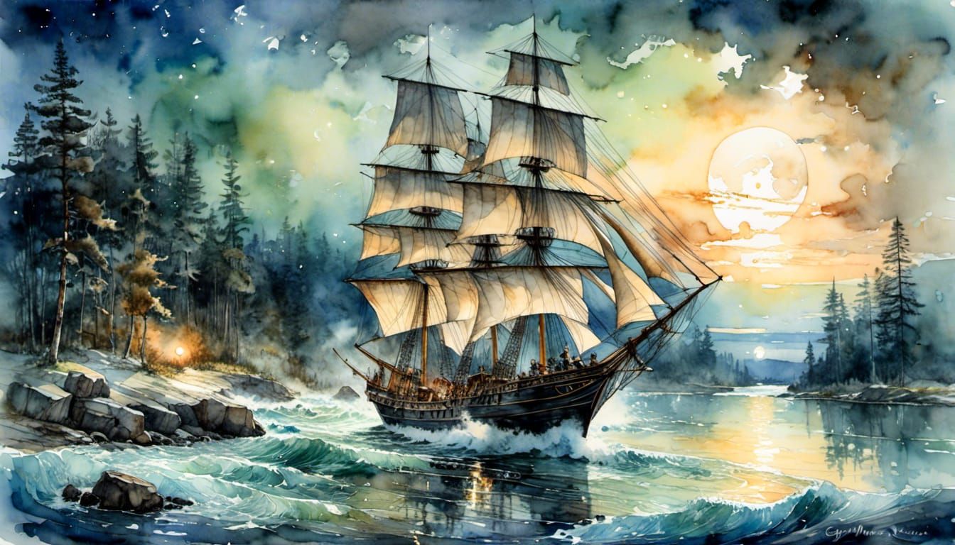 Flying Tall Ship Watercolor Painting at Night