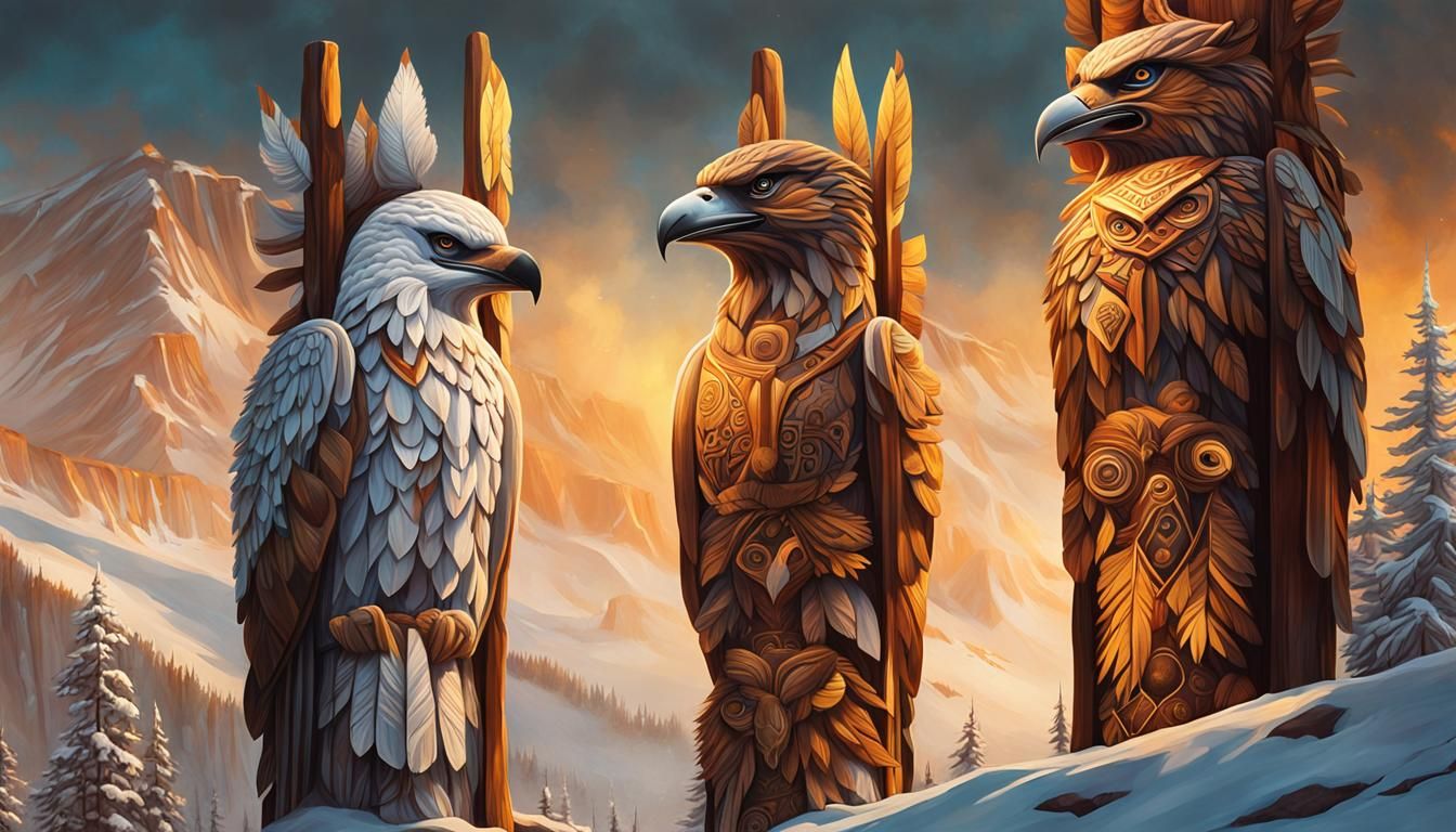 Detailed Totem Poles on Snowy Mountain, Hyperrealistic Art