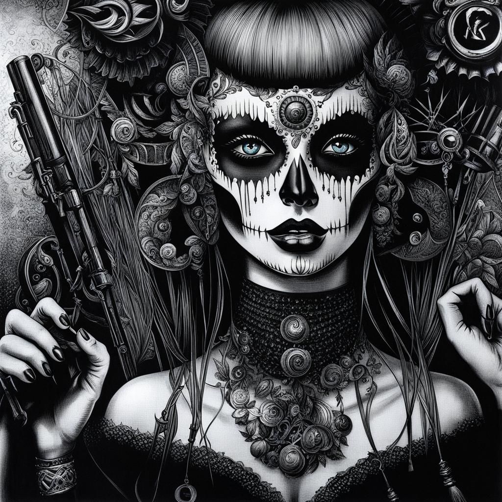 Goth-Punk Woman Portrait in Liquid Ink Style