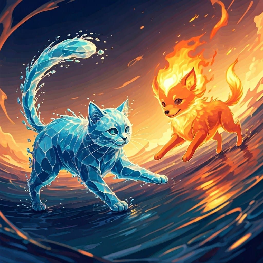 Whimsical Watercat and Emberdog Play in Vibrant Dreamscapes