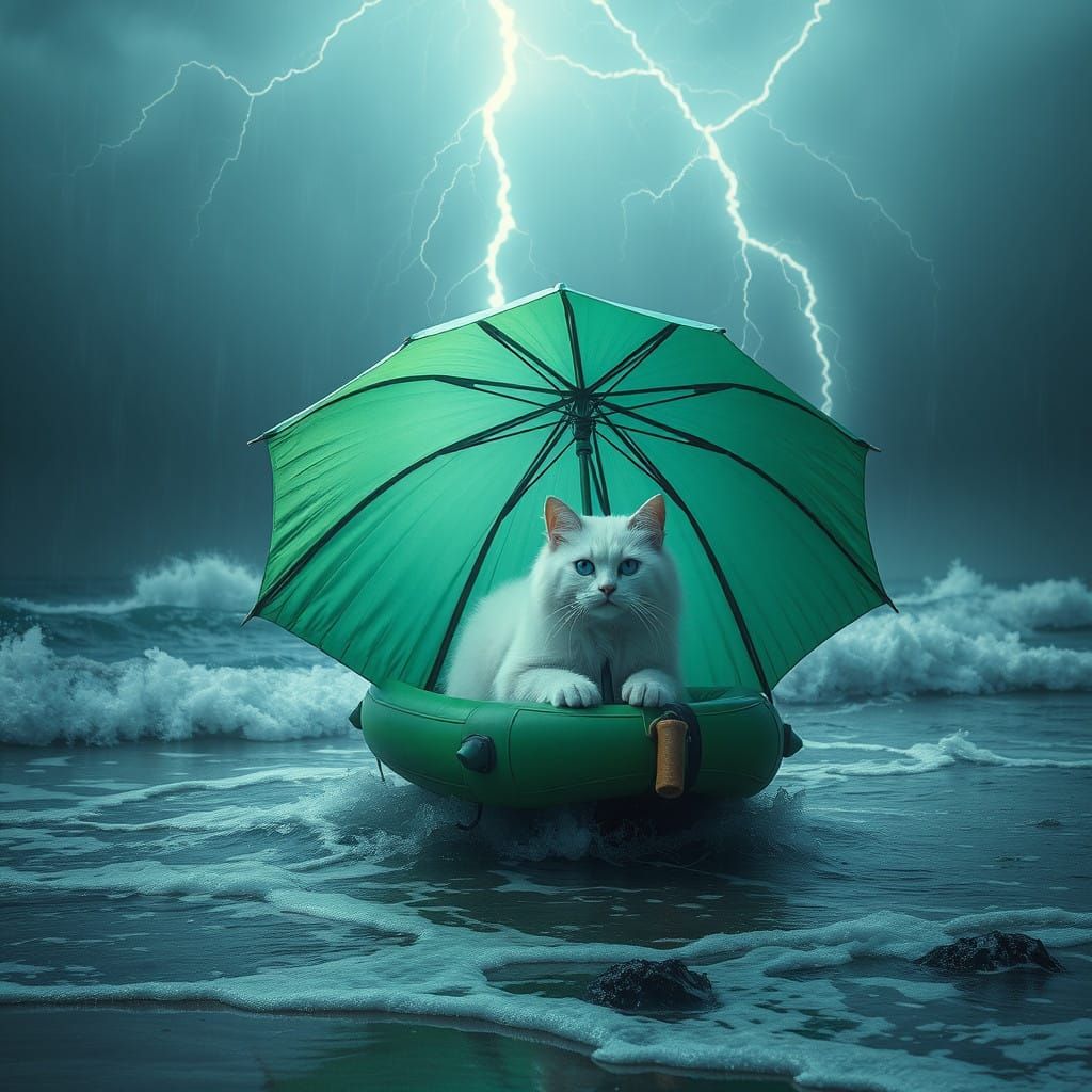 Majestic White Cat Takes Refuge in Light Green Umbrella on S...