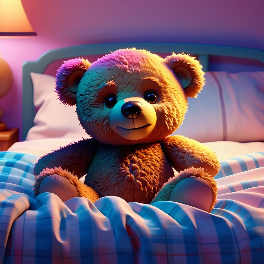Cozy Pixar-Style Teddy Bear Scene at Bedtime